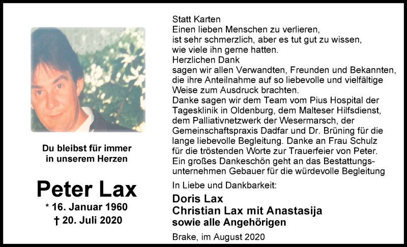  Traueranzeige für Peter Lax vom 20.08.2020 aus Nordwest-Zeitung