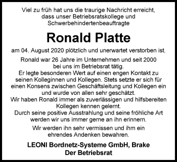 Traueranzeige von Ronald Platte von Nordwest-Zeitung