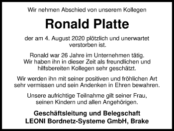 Traueranzeige von Ronald Platte von Nordwest-Zeitung