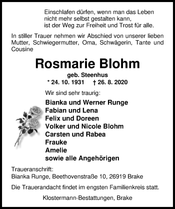 Traueranzeige von Rosemarie Blohm von Nordwest-Zeitung