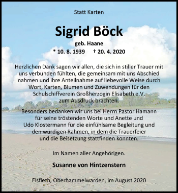 Traueranzeige von Sigrid Böck von Nordwest-Zeitung