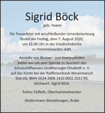 Traueranzeige von Sigrid Böck von Nordwest-Zeitung