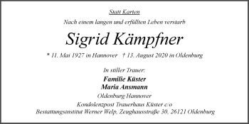 Traueranzeige von Sigrid Kämpfner von Nordwest-Zeitung
