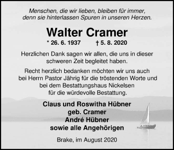 Traueranzeige von Walter Cramer von Nordwest-Zeitung