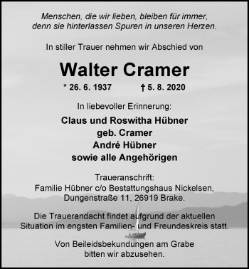 Traueranzeige von Walter Cramer von Nordwest-Zeitung