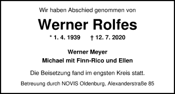 Traueranzeige von Werner Rolfes von Nordwest-Zeitung