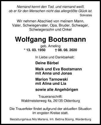 Traueranzeige von Wolfgang Bootsmann von Nordwest-Zeitung