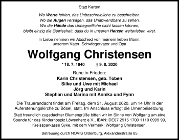 Traueranzeige von Wolfgang Christensen von Nordwest-Zeitung