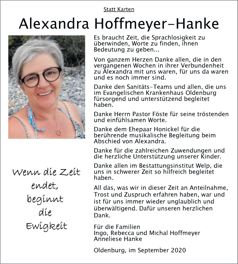  Traueranzeige für Alexandra Hoffmeyer-Hanke vom 05.09.2020 aus Nordwest-Zeitung