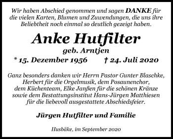 Traueranzeige von Anke Hutfilter von Nordwest-Zeitung