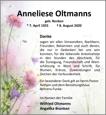 Traueranzeige von Anneliese Oltmanns von Nordwest-Zeitung