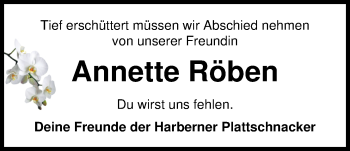 Traueranzeige von Annette Röben von Nordwest-Zeitung