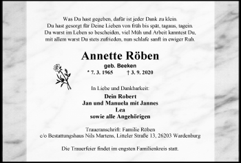 Traueranzeige von Annette Röben von Nordwest-Zeitung