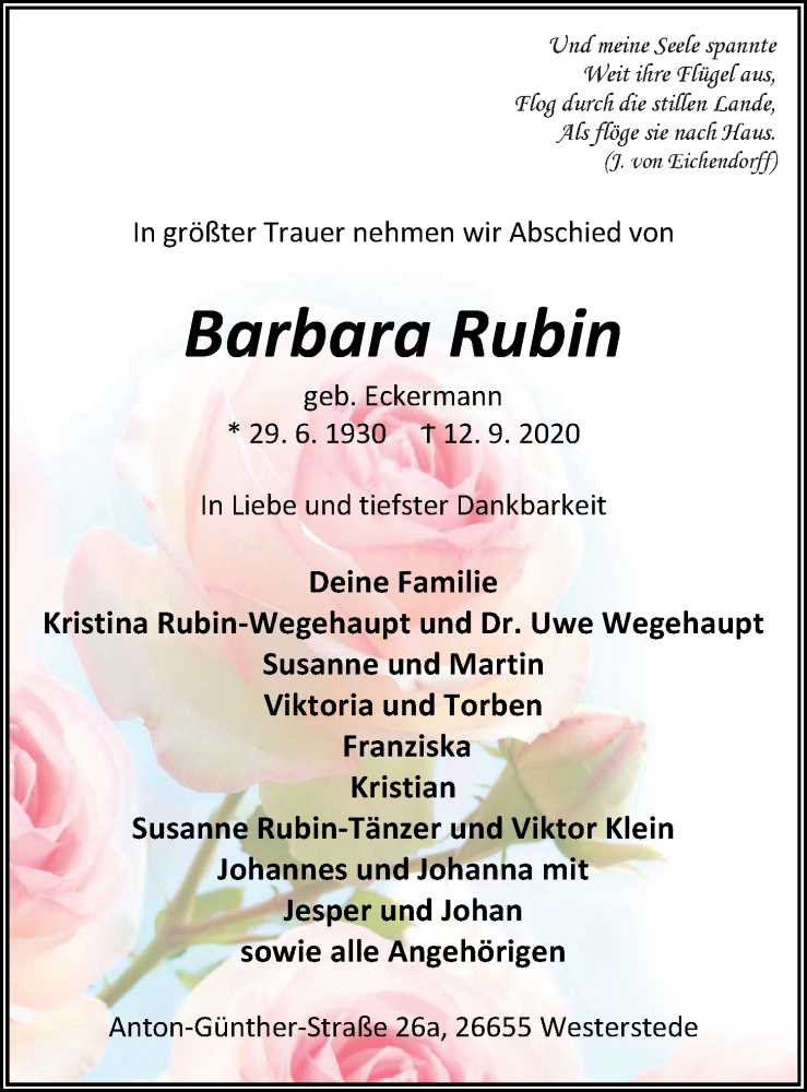  Traueranzeige für Barbara Rubin vom 18.09.2020 aus Nordwest-Zeitung