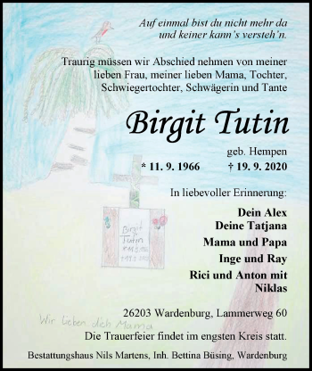 Traueranzeige von Birgit Tutin von Nordwest-Zeitung