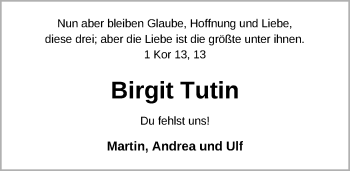 Traueranzeige von Birgit Tutin von Nordwest-Zeitung