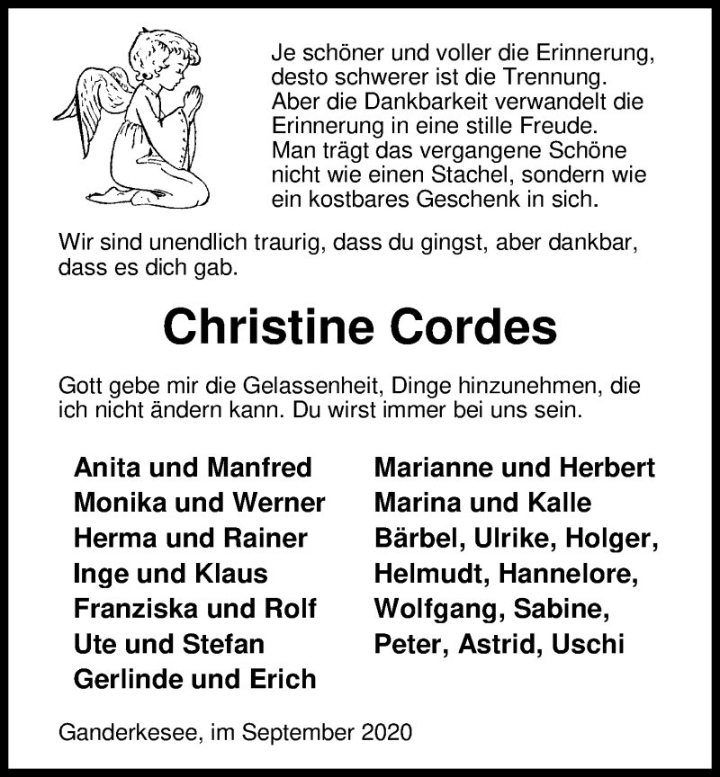  Traueranzeige für Christine Cordes vom 22.09.2020 aus Nordwest-Zeitung
