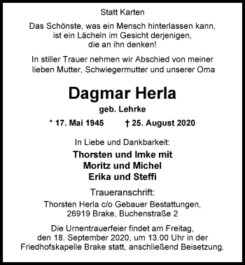 Traueranzeige von Dagmar Herla von Nordwest-Zeitung