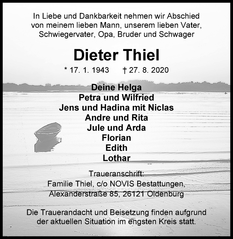  Traueranzeige für Dieter Thiel vom 05.09.2020 aus Nordwest-Zeitung