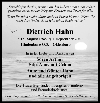 Traueranzeige von Dietrich Hahn von Nordwest-Zeitung