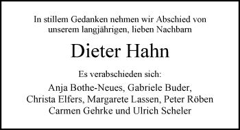 Traueranzeige von Dietrich Hahn von Nordwest-Zeitung