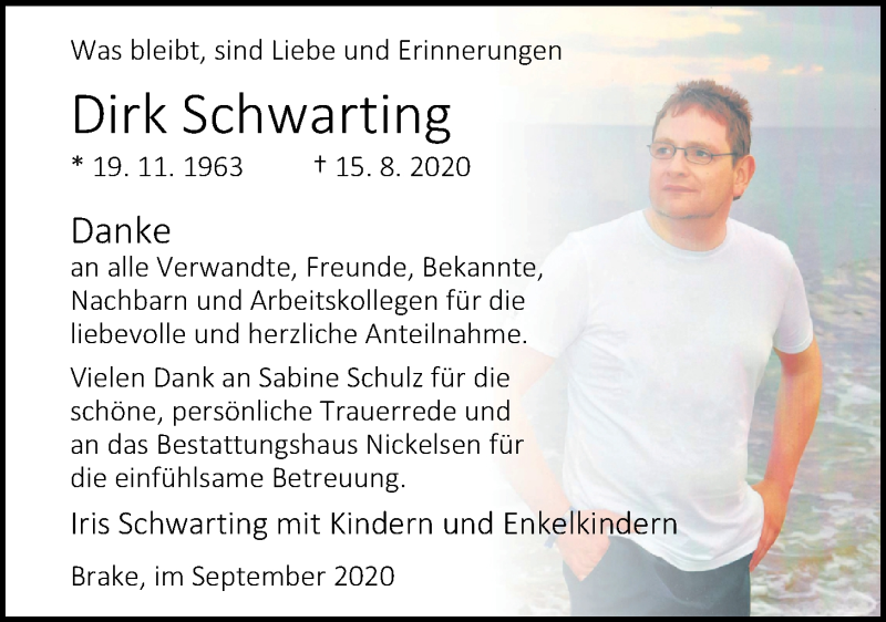  Traueranzeige für Dirk Schwarting vom 19.09.2020 aus Nordwest-Zeitung