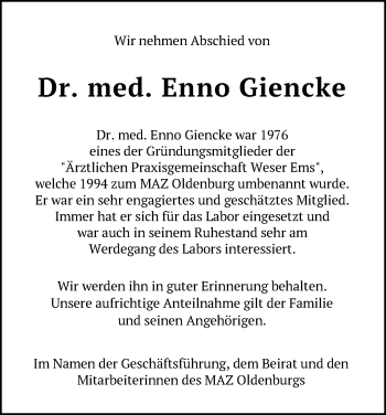 Traueranzeige von Dr. med. Enno Giencke von Nordwest-Zeitung