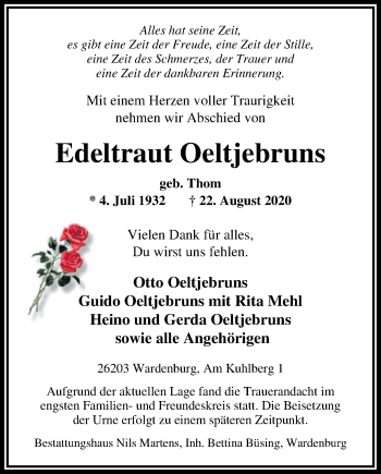 Traueranzeige von Edeltraut Oeltjebruns von Nordwest-Zeitung