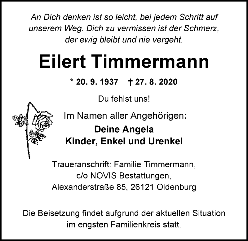  Traueranzeige für Eilert Timmermann vom 03.09.2020 aus Nordwest-Zeitung