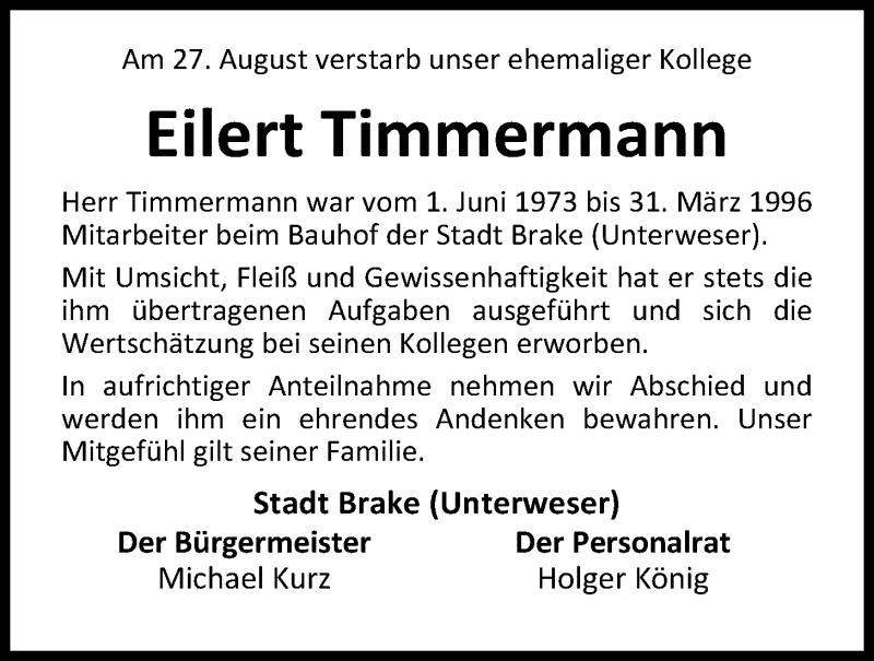  Traueranzeige für Eilert Timmermann vom 04.09.2020 aus Nordwest-Zeitung