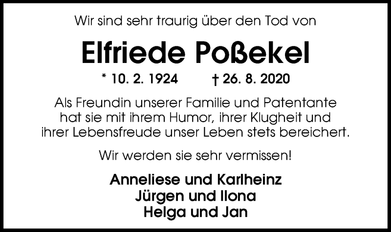  Traueranzeige für Elfriede Poßekel vom 11.09.2020 aus Nordwest-Zeitung