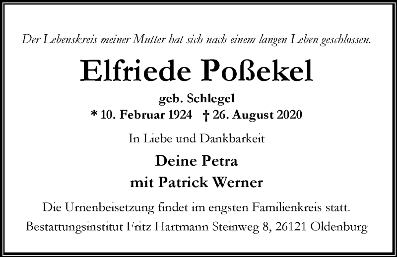  Traueranzeige für Elfriede Poßekel vom 11.09.2020 aus Nordwest-Zeitung