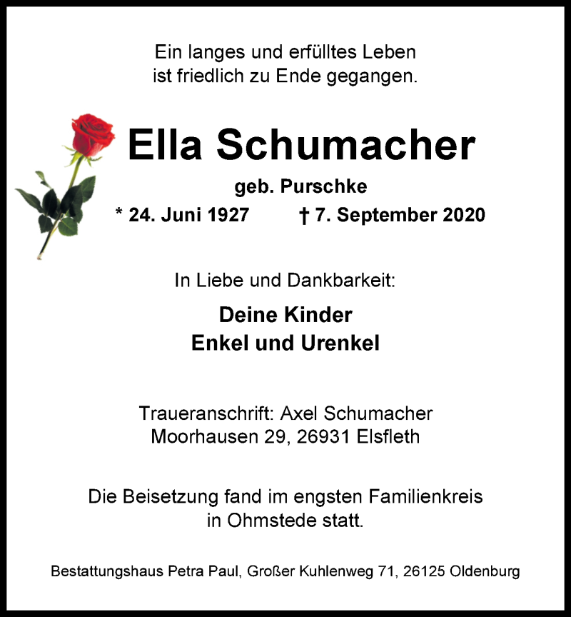  Traueranzeige für Ella Schumacher vom 15.09.2020 aus Nordwest-Zeitung