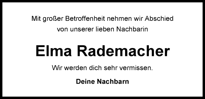  Traueranzeige für Elma Rademacher vom 12.09.2020 aus Nordwest-Zeitung