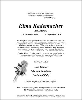 Traueranzeige von Elma Rademacher von Nordwest-Zeitung