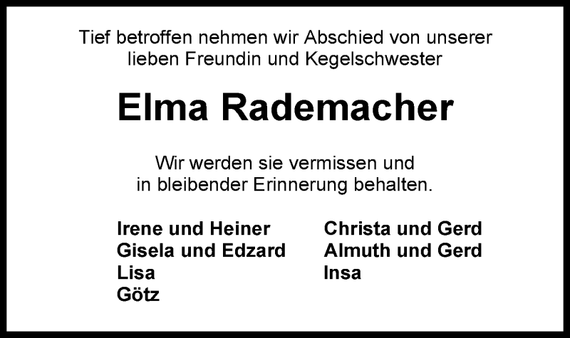  Traueranzeige für Elma Rademacher vom 12.09.2020 aus Nordwest-Zeitung