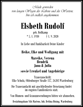 Traueranzeige von Elsbeth Rudolf von Nordwest-Zeitung