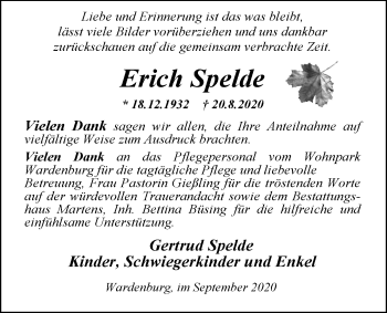 Traueranzeige von Erich Spelde von Nordwest-Zeitung