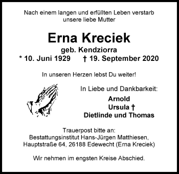 Traueranzeige von Erna Kreciek von Nordwest-Zeitung