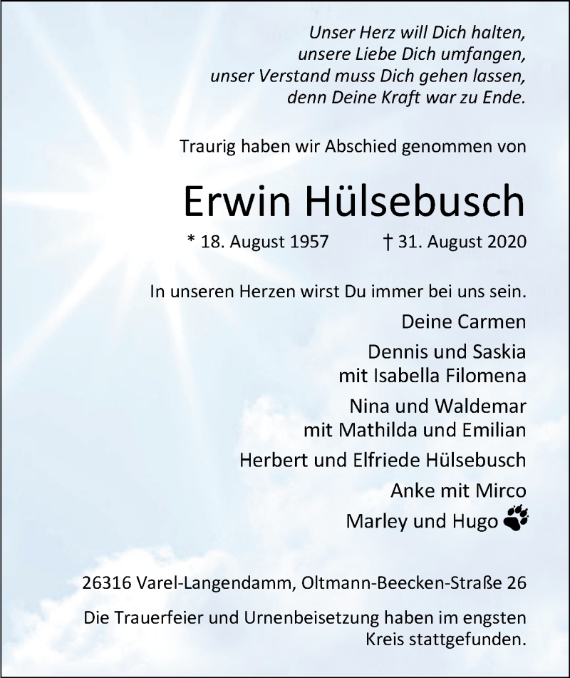  Traueranzeige für Erwin Hülsebusch vom 19.09.2020 aus Nordwest-Zeitung