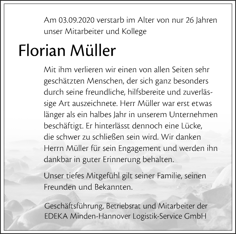  Traueranzeige für Florian Müller vom 19.09.2020 aus Nordwest-Zeitung