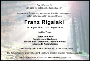 Traueranzeige von Franz Rigalski von Nordwest-Zeitung