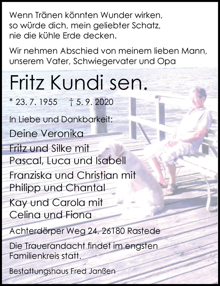  Traueranzeige für Fritz Kundi vom 09.09.2020 aus Nordwest-Zeitung