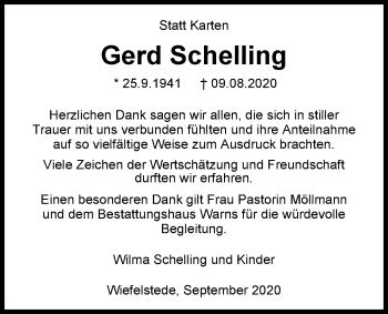 Traueranzeige von Gerd Schelling von Nordwest-Zeitung