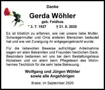 Traueranzeige von Gerda Wöhler von Nordwest-Zeitung