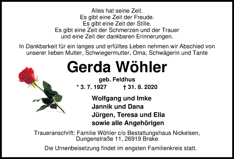 Traueranzeige für Gerda Wöhler vom 03.09.2020 aus Nordwest-Zeitung