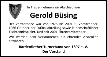 Traueranzeige von Gerold Büsing von Nordwest-Zeitung