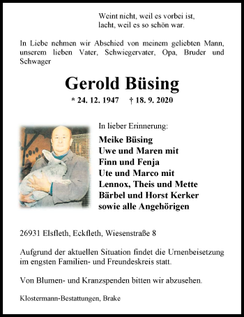 Traueranzeige von Gerold Büsing von Nordwest-Zeitung