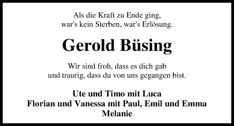  Traueranzeige für Gerold Büsing vom 26.09.2020 aus Nordwest-Zeitung