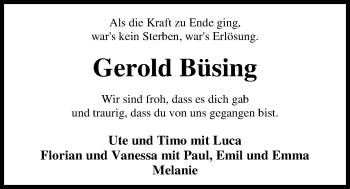 Traueranzeige von Gerold Büsing von Nordwest-Zeitung